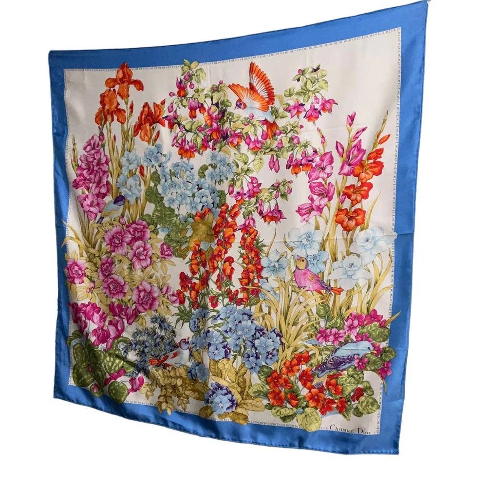 Christian Dior 32” Square 100% Silk Scarf Blue Multicolored Birds & Floral Print - Picture 3 of 16